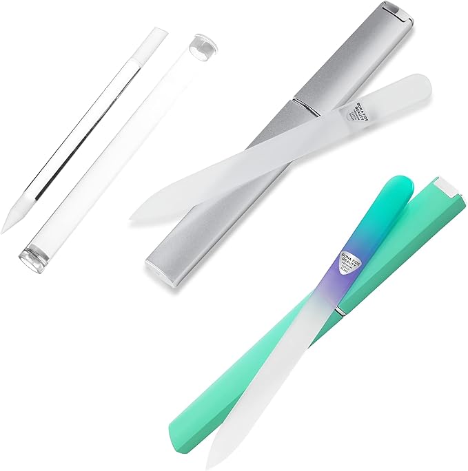 BONA FIDE BEAUTY Glass Nail File (Aqua/Violet), Cuticle Pusher and Glass Nail File (Clear) - Premium Czech Glass Bundle