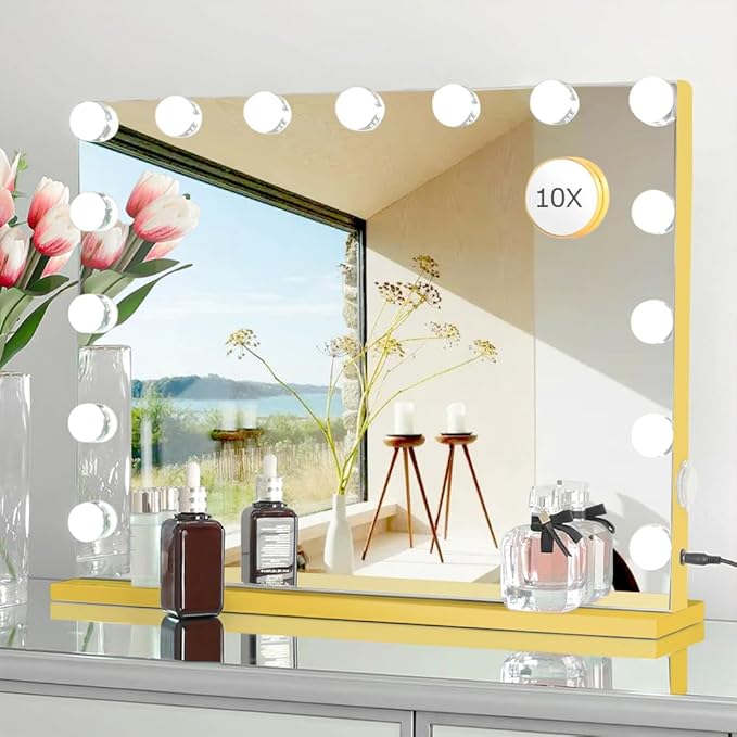 22.8"x 18.1" Vanity Mirror Makeup Mirror with Lights,10X Large Hollywood Lighted Vanity Mirror with 15 Dimmable LED Bulbs,3 Color Modes,Touch Control for Bedroom,Tabletop or Wall-Mounted