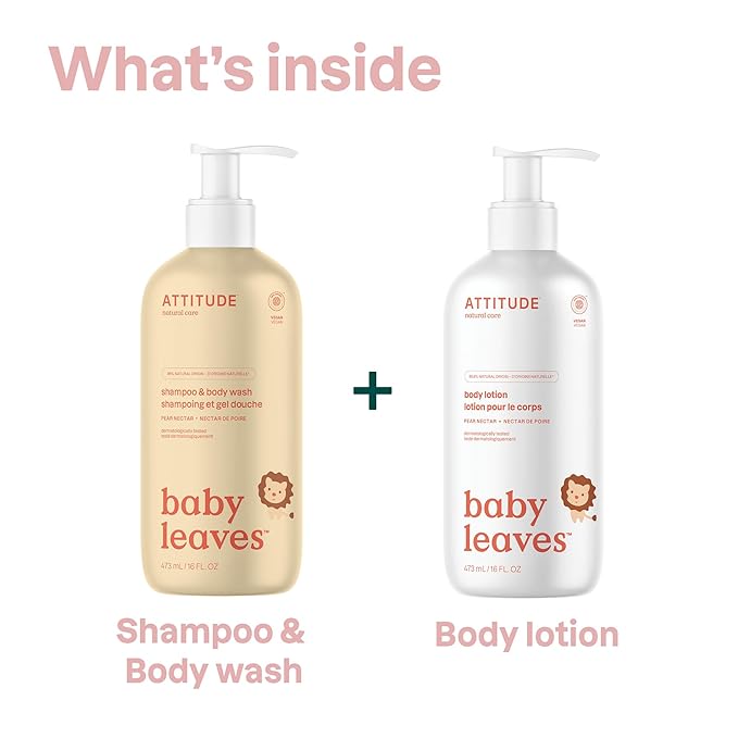 ATTITUDE Baby 2-in-1 Shampoo & Body Wash and Baby Lotion Set, EWG Verified, Dermatologically Tested Soap and Moisturizing Cream, Vegan, Pear Nectar, 16 Fl Oz each