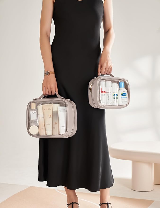 Clear Cosmetic Bag Double Layer 4 Compartments Travel Toiletry Bag Clear Makeup Bag Case with Zipper Transparent Travel Bag for Toiletries, TSA Approved, Gift for Women Girls (Stone)