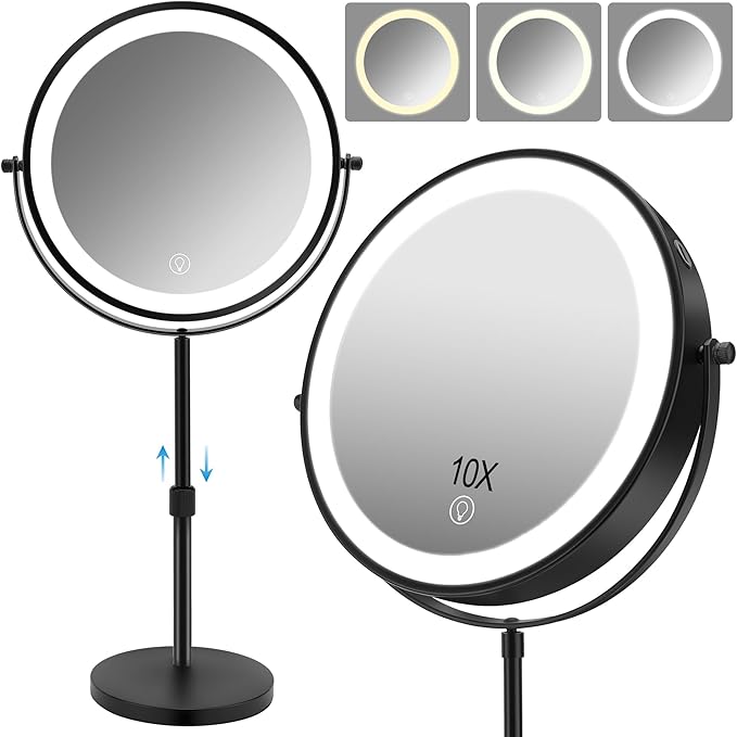 10x Large Lighted Makeup Mirror, Rechargeable 8.7" Double-Sided Vanity Mirror with 3 Color Dimmable Lights, 1X/10X Height Adjustable Magnifying Mirror, 360° Swivel, for Women Girl(Black)