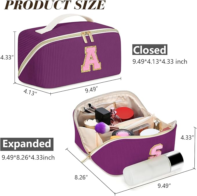 Gifts for Girls, Initial Travel Makeup Bag Women's Day Gift Make up Bag Cosmetic Bags Monther's Day Gifts, Personalized Stuff Bag Cute Makeup Bag Birthday Gifts for Women/Friend/Mother Deep Purple - D