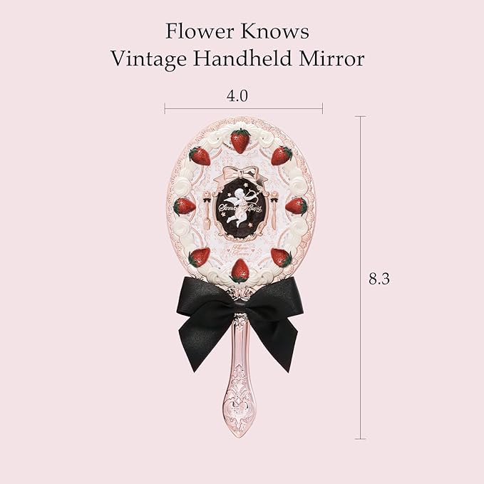 Flower Knows Strawberry Cupid Hand Mirror,Portable Vintage Handheld Mirror,Durable Metal Mirror,Cute & Aesthetic Princess Mirror,with Long Handle for Easy Holding,Gift for Girls(Milky Shake)