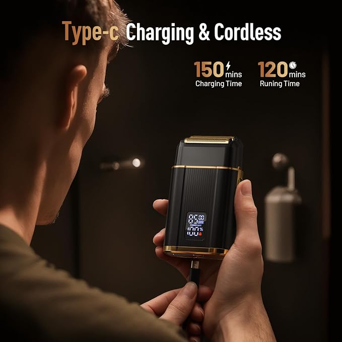 Professional Foil Shaver for Men: Cordless Electric Razor with High-Speed Dual Blades, Rechargeable USB-C, IPX6 Waterproof & Travel-Friendly/Home Use