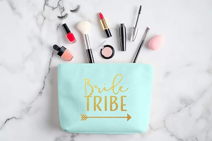 Heather & Willow 6 Piece Set | Seafoam Green Bride Tribe Canvas Cosmetic Makeup Clutch Gifts Bag for Bridesmaid Proposal Box & Bridesmaids Bachelorette Party Favors