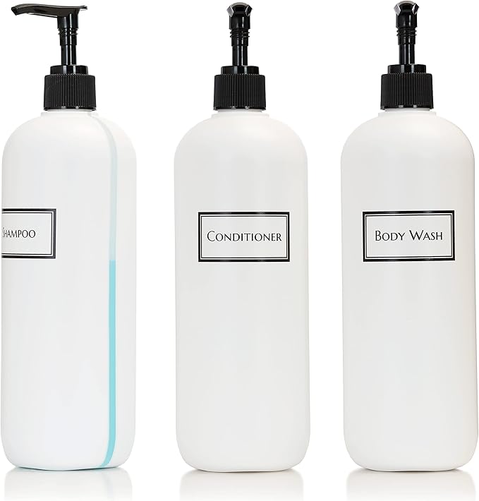 Refillable Body Wash Shampoo and Conditioner Pump Dispenser Bottles with View Stripe, 19 oz 3-Pack Set (Black Pumps) - Silkscreen Labeled Shower Bottles, Empty Plastic Bottles with Pump for Bathroom
