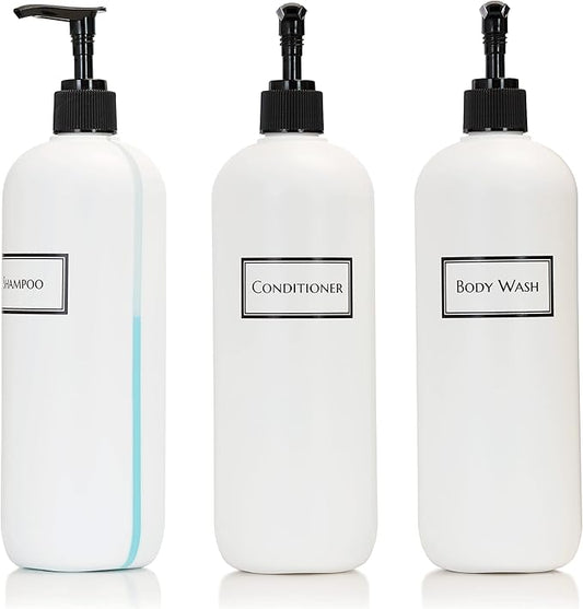 Refillable Body Wash Shampoo and Conditioner Pump Dispenser Bottles with View Stripe, 19 oz 3-Pack Set (Black Pumps) - Silkscreen Labeled Shower Bottles, Empty Plastic Bottles with Pump for Bathroom