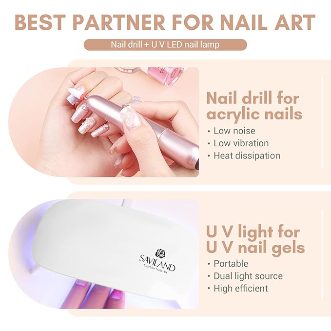 SAVILAND Acrylic Nail Kit with Drill: Starter Nails Kit Acrylic Set with Everything for Beginners Professional Nail Acrylic Kit with U V Light Acrylic Nail Kit for Beginners DIY Home Salon Women