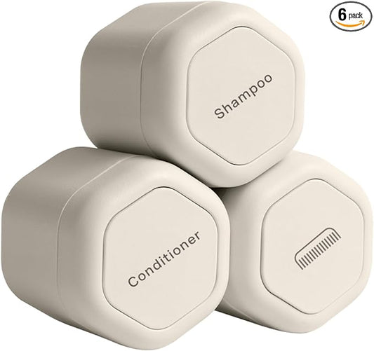 Cadence Travel Containers - Haircare Set - Magnetic Travel Capsules - For Shampoo, Conditioner, Hair Styling Product - 3 Flex Mediums (1.32oz) with Shampoo, Conditioner & Comb Icon Labels - Sand