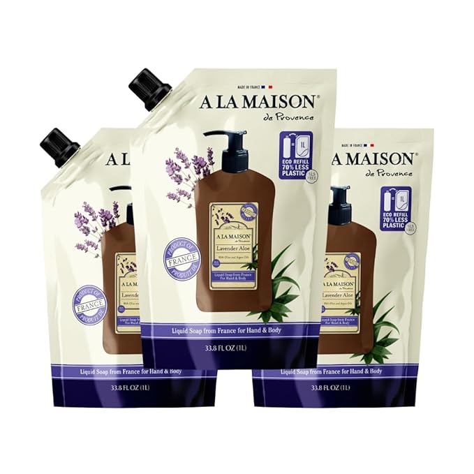 A LA MAISON French Liquid Hand Soap RefilL - Natural Hand Wash Made with Essential Oils - Biodegradable, Plant-Based, Vegan, Cruelty-Free (33.8 Fl Oz Pouch (3 Pack), Lavender Aloes)