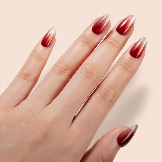 VSALON Press On Nails - Short Almond Red Cat Eye Ombre Fake Nails with Extra UV Cure Glue, 28-Days Salon-Strong No Pop-Off, Reusable Fake Nails for Party & Daily Wear - 32 PCS in 16 Sizes (Cocktail)