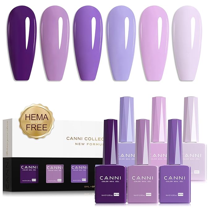 CANNI Purple Gel Polish Set, 6 Colors 9ML Violets Dark Purple Summer Pastel Pink Soak Off UV LED Nail Kit DIY Art Manicure Home Salon