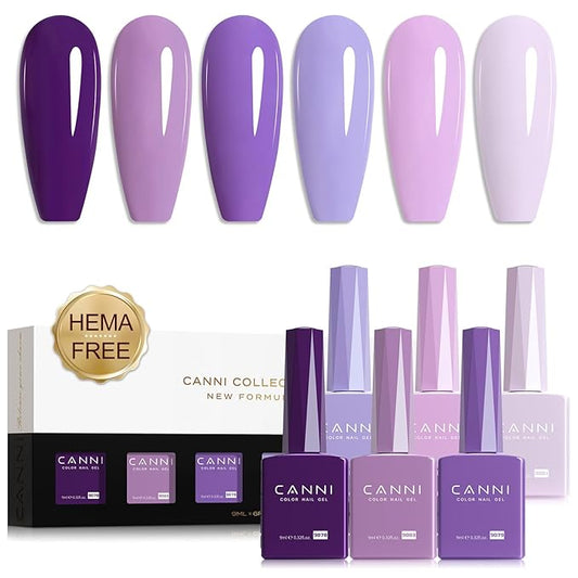 CANNI Purple Gel Polish Set, 6 Colors 9ML Violets Dark Purple Summer Pastel Pink Soak Off UV LED Nail Kit DIY Art Manicure Home Salon