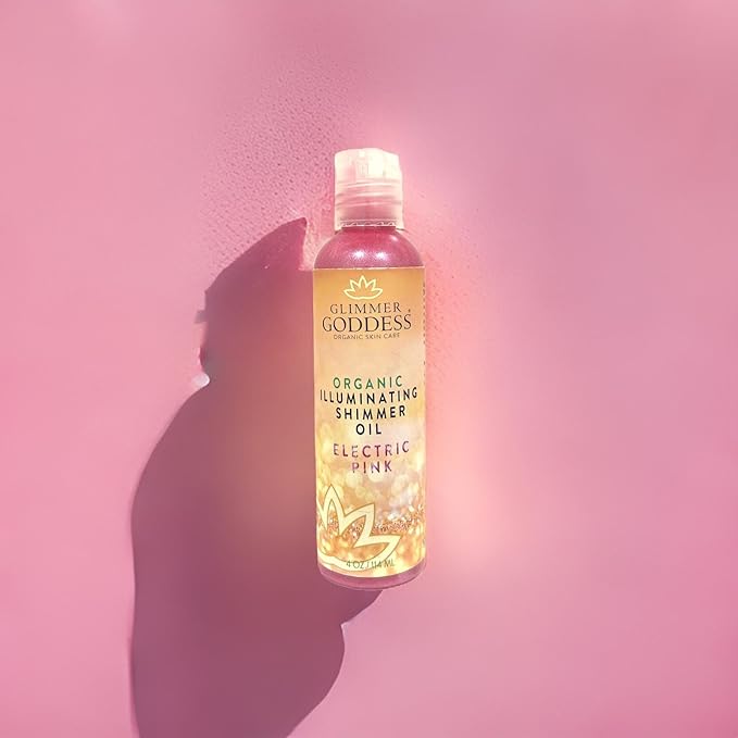 GLIMMER GODDESS Organic Illuminating Shimmer Body & Face Oils, Electric Pink, Radiant Glow & Hydration 4 oz.