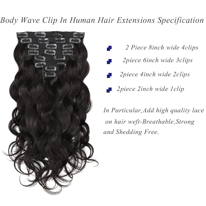 Clip in Human Hair Extensions Body Wave,120g 8pcs Soft Body Wave Clip In Real Hair Extensions 16inch #1B Natural Black Human Hair Wavy Hairpiece for Women