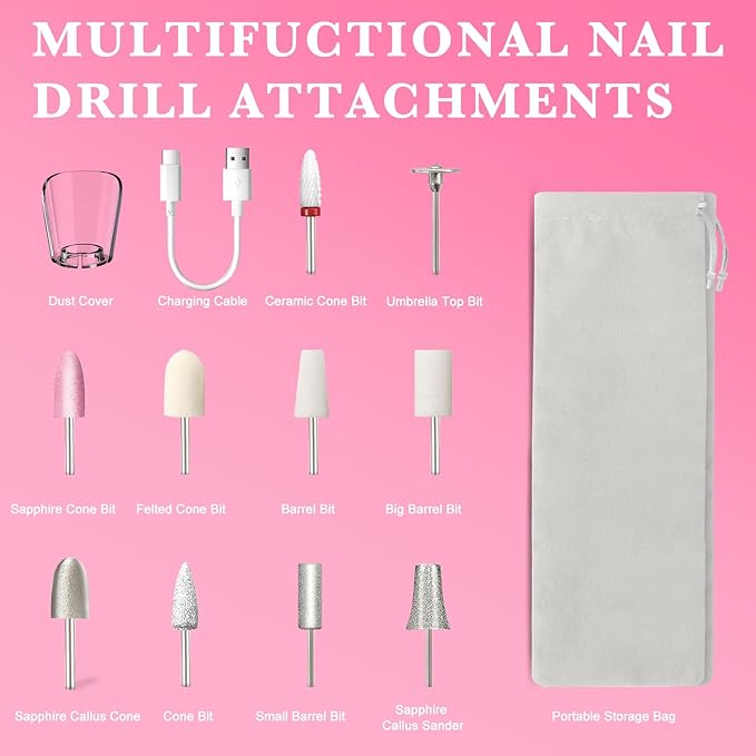 ENGERWALL Professional Manicure Pedicure Kit, Electric Nail File Set, Portable Cordless Electric Nail Drill Machine, 10 Speeds Nail Care Tool for Grind Trim Polish, Pink