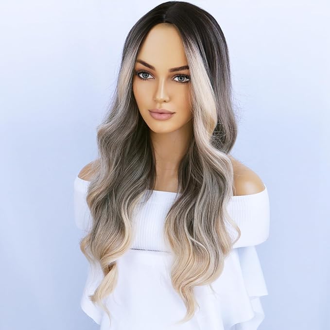BERON Brown Blonde Wigs Long Wavy Wig for Women Curly Highlights Ombre Color Heat Resistant Synthetic Hair Wigs for Cosplay Party Daily or Use