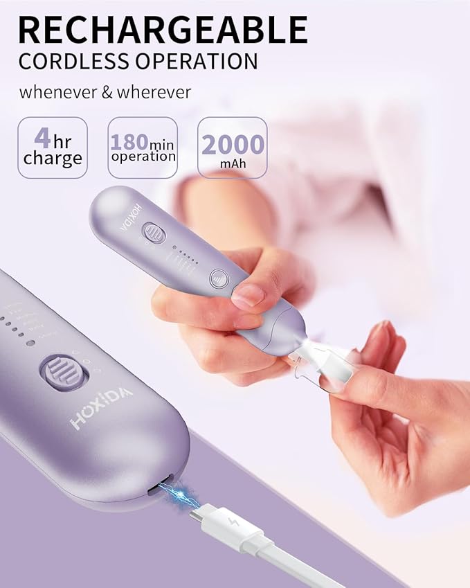 Professional Manicure Pedicure Kit, Cordless Electric Nail File Set, Rechargeable Pedicure Tools for feet, 5 Speeds Hand Foot Care Nail Drill for Thick Nail Toenail Cuticle Women Men Baby Pets-Purple