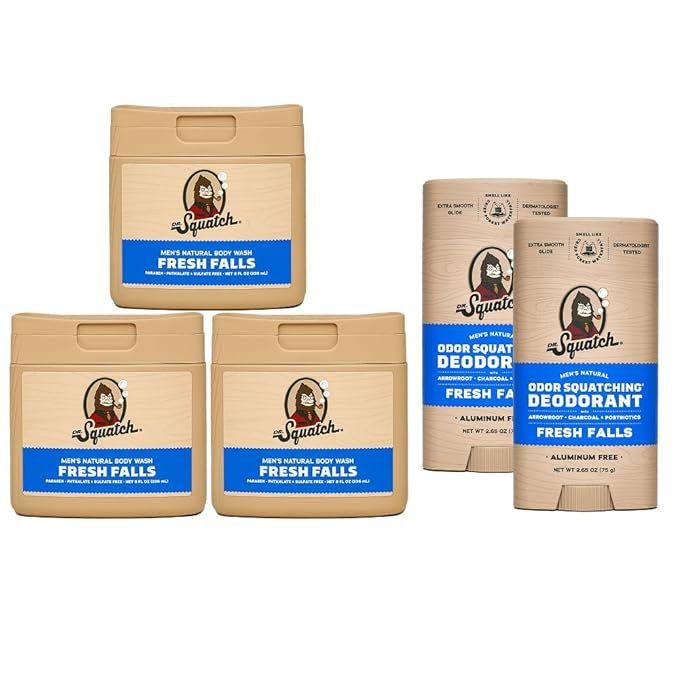 Dr. Squatch NEW Body Wash and Deodorant for Men Gift Set | No Paraben, Phthalate, Sulfate | Odor-Squatching, Aluminum-Free | Fresh Falls Body Wash (8 oz, 3-Pack) & Deodorant (2.56 oz, 2-Pack)
