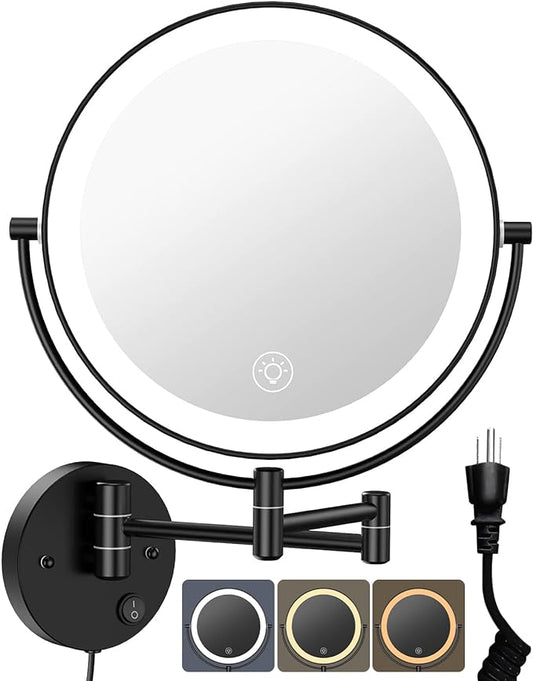 Benbilry 9" Large Wall Mounted Lighted Makeup Mirror, 1X/10X Magnifying Double-Sided AC Powered Bathroom Mirror with 3 Color Lights, Touch Dimmable, Extended Arm 360 Rotation, Black