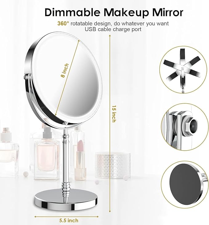 Lighted Makeup Mirror, 3000 mAh Rechargeable Double Sided Magnifying Mirror with 3 Colors, 1x/10x 360° Rotation Vanity Mirror, Brightness Adjustable Magnification Cosmetic Light up Mirror, Women Gift