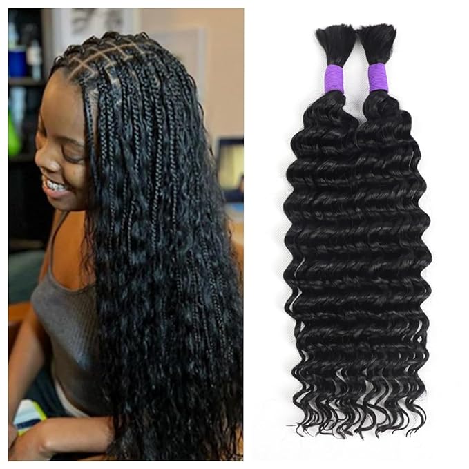 Human Braiding Hair Deep Wave Bulk Human Hair Boho Hair For Braiding No Weft 100g (1Pack-2Bundles) 100% Human Hair Deep Wave Braiding Hair For Bohe Braids (22inch, Natural Black)