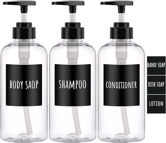 Shampoo Bottles with Labels, Segbeauty 3pcs 16.9oz/500ml Plastic Pump Bottle Dispenser, Empty Refillable Shower Lotion Body Soap Shampoo Conditioner Press Dispenser for Hotel Bathroom Kitchen Clear
