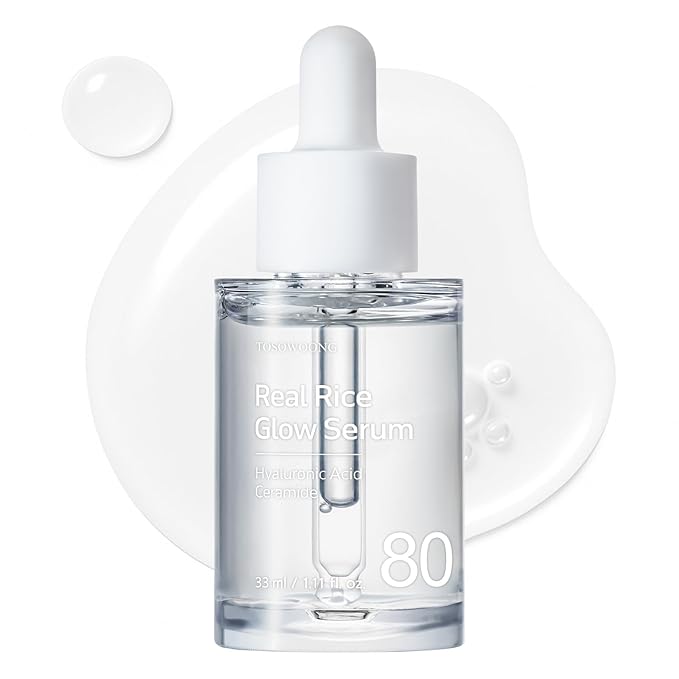 TOSOWOONG Real Rice Glow Serum with 80% Rice Bran Water and Niacinamide for Dark Spots, Uneven Skin Tone, Dull Skin, Radiant Glow, and Daily K-Beauty Skincare for All Skin Types, 33ml / 1.11 fl. oz.
