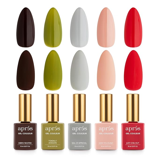 Apres Gel Couleur Combo Set, 5 Color Gel Nail Polish, Bright Nude Pastel Colors with Brush-X Nail Art Brush, 2024 Edition (Set 14)