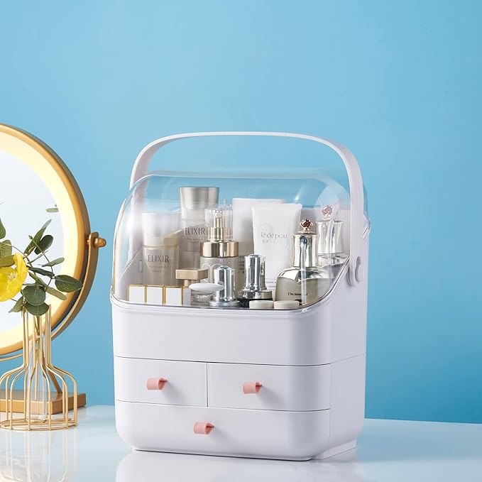 SUNFICON Preppy Skincare Organizers Makeup Organizer Holder Beauty Cosmetic Storage Box Large Display Case Dust Free Cover Portable Handle 2 Rroomy Drawers Gift Great For Bathroom Countertop White