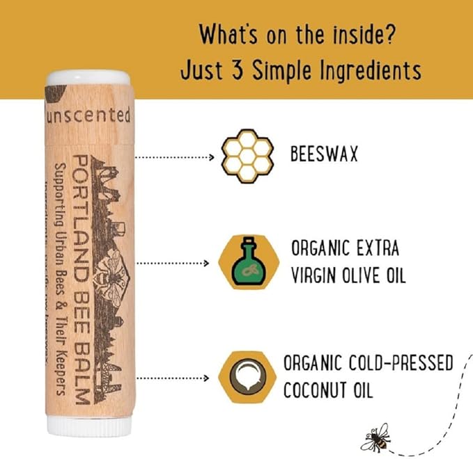Portland Bee Balm All Natural Handmade Beeswax Based Lip Balm, Unscented 3 Count