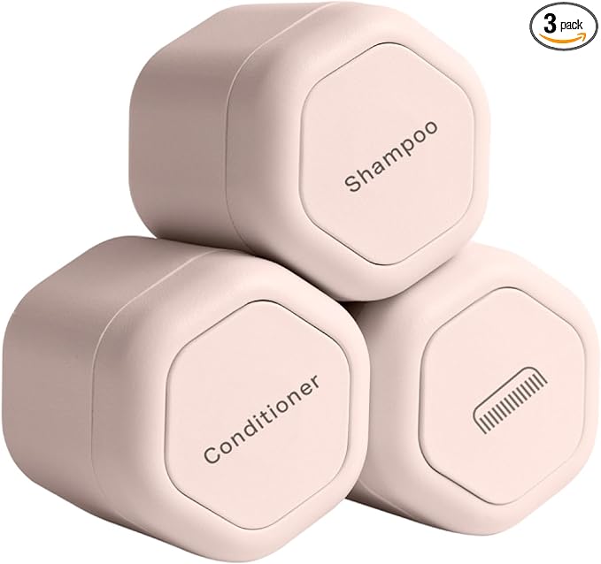 Cadence Travel Containers - Haircare Set - Magnetic Travel Capsules - For Shampoo, Conditioner, Hair Styling Product - 3 Flex Mediums (1.32oz) with Shampoo, Conditioner & Comb Icon Labels - Petal