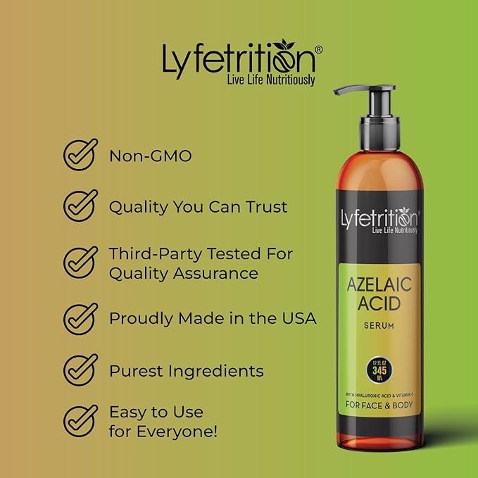 Lyfetrition Azelaic Acid Serum with Hyaluronic Acid | Natural Face Serum with Vitamin C & Aloe Vera (12 Fl Oz), Clear, (Lyfe9080)