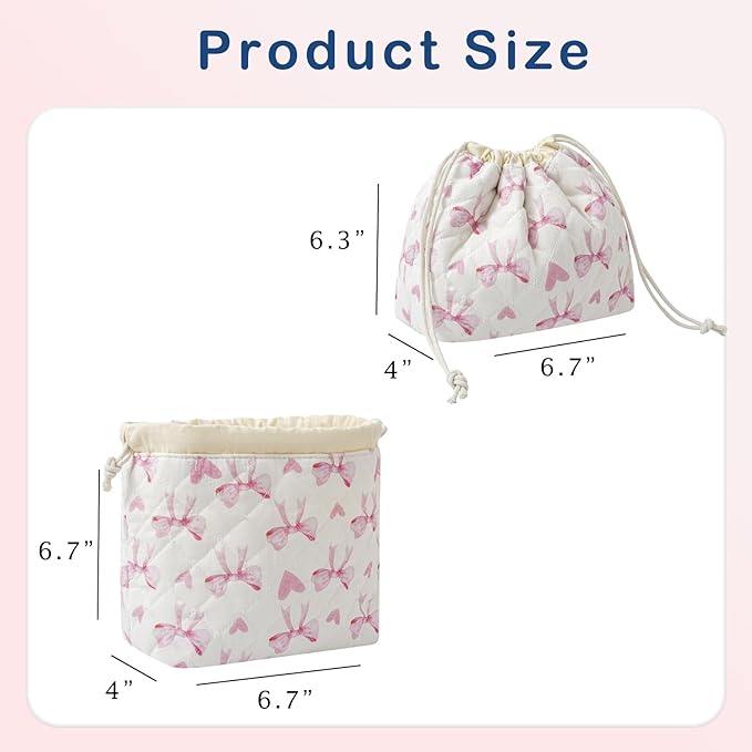 Cotton Quilted Drawstring Makeup Bag with Canvas Lining,Coquette Aesthetic Cute Travel Toiletry Bag,Drawstring Gift Bag for Women and Girls（14Heart Bow）