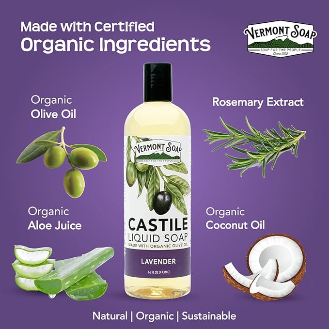 Vermont Castile Soap Lavender, Gentle Liquid Soap for Sensitive Skin & Natural Body Wash, Organic Hair Shampoo for Oily Hair, Aloe Castile Soap for Men & Women - 16 Oz