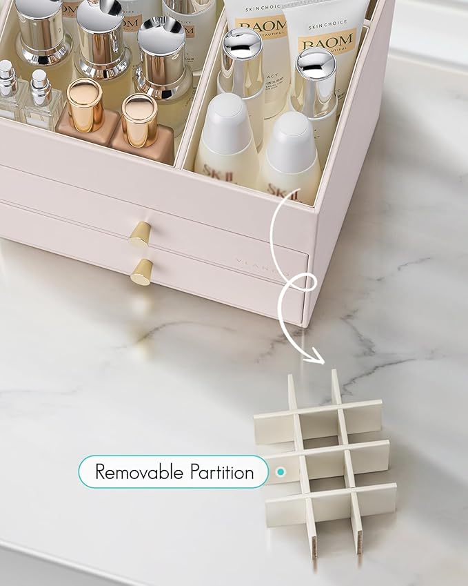 Vlando Makeup Organizer,Skincare Organizer for Vanity，PU Leather Make up Organizer with Drawers Cosmetic Display Case for Countertop,Bathroom,Gifts Ideas for Women (Apricot White)