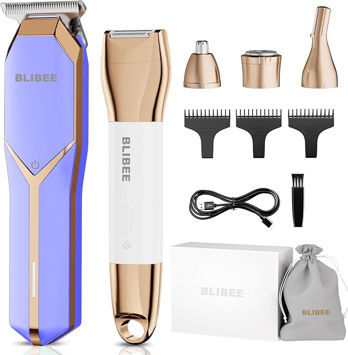 Hair Clippers & Bikini Trimmer for Women - Waterproof Electric Clippers and 4 in 1 Bikini Trimmer Set, Deluxe Wet/Dry Body Shaver for Nose, Eyebrows, Beard, Pubic Hair, Blue