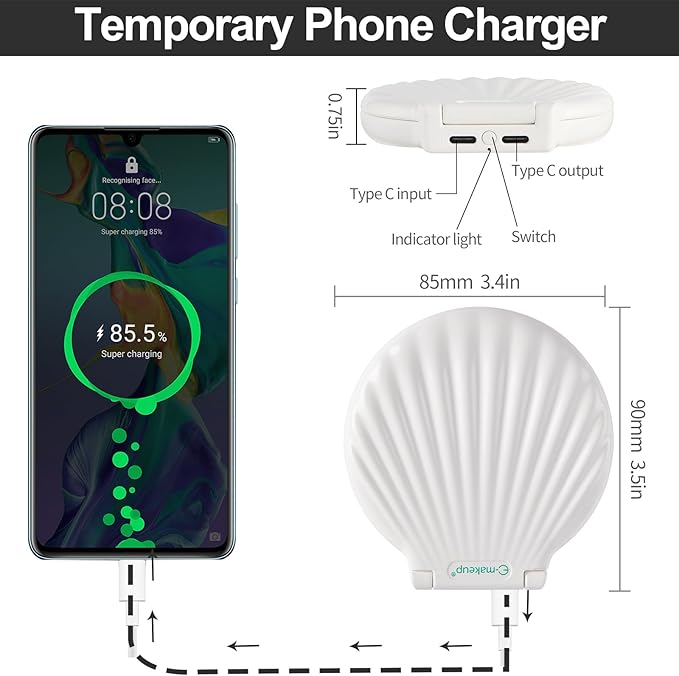 Shell Compact Mirror with Light, 2X / 10x Magnifying Travel Mirror with Light, Small Pocket Mirror, 2-Sided, Folding, Handheld, Dimmable Led Mirror, Unique Gift, White