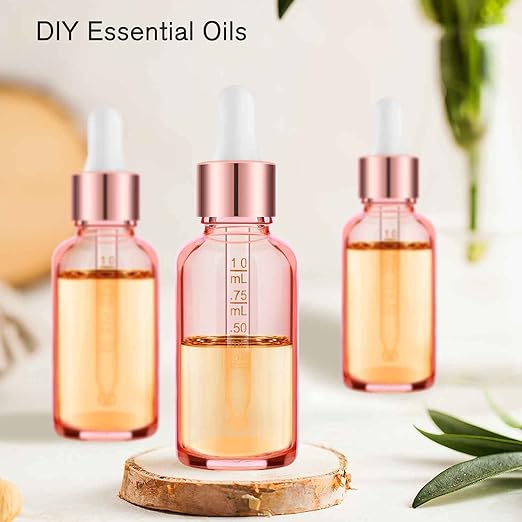 24 Pack 2 Oz Glass Eye Dropper Bottles Rose, 60 ml Empty Tincture Dropper Bottle with Scale droppers, 1 Extra Cap, 2 Plastic Funnels, 2 Pipettes & 48 stickers for Essential Oils, Body Oil