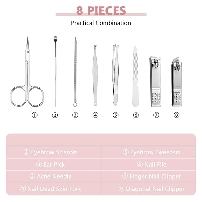 Lasnten 24 Set Manicure Set Bulk Nail Clippers Grooming Nail Kit Stainless Steel Professional Pedicure Kit Pedicure Tools with Travel Case Gifts for Men Women Personal(8 in 1,Shiny Pink)