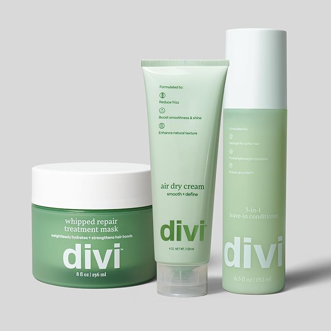 Divi Hair Care Styling Set, Shower Routine with Repair Mask, Leave-In Conditioner, and Air Dry Cream, 3-Step Kit
