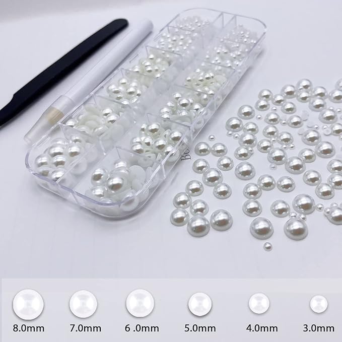 Gems Flat Back Pearls and Rhinestones for Nails,Crystals Nail Charms Diamonds for Acrylic Nails,Tiny Nail Pearls Beads for Nail Art,Small Eye Jewels Rhinestones Pearls,with Wax Pen And Tweezers(White)