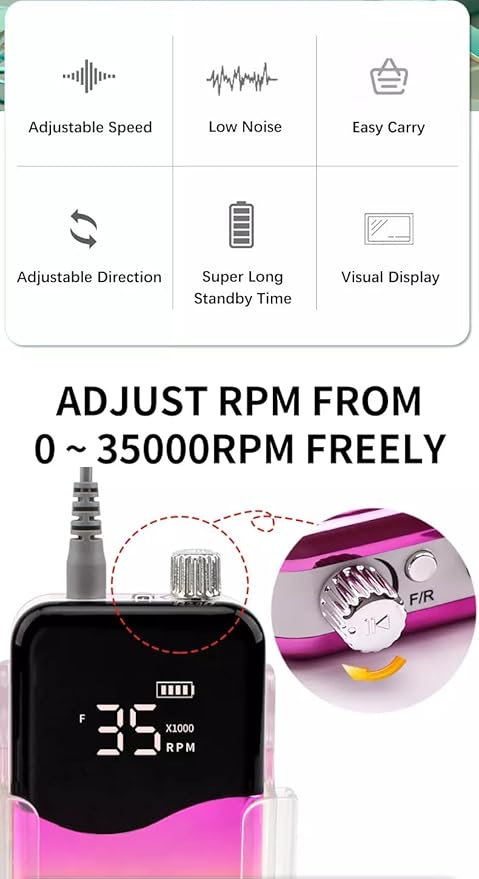 M Mase- Professional Nail Drill Machine - 2-in-1 Nail File - Cordless, 35000 RPM, HD Display - Gift for Her - Electric Nail Drill for Professional & Home Use (Metallic Gold)