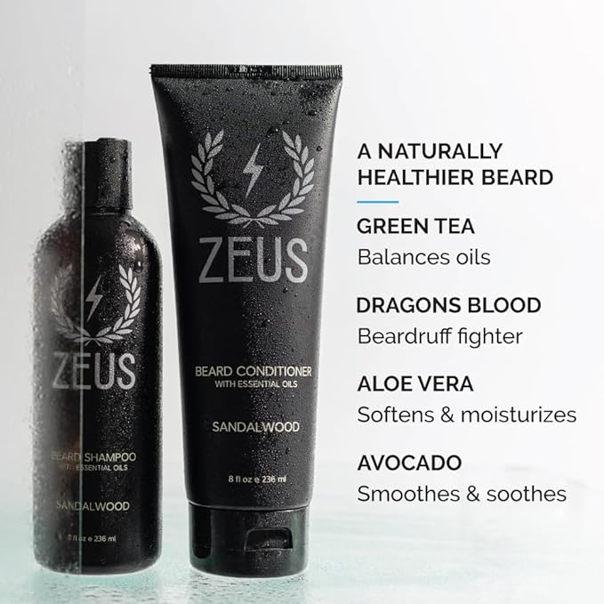 ZEUS Beard Wash & Beard Conditioner Set with Green Tea for Men, Soften, Hydrates & Moisturizes - MADE IN USA (Sandalwood)