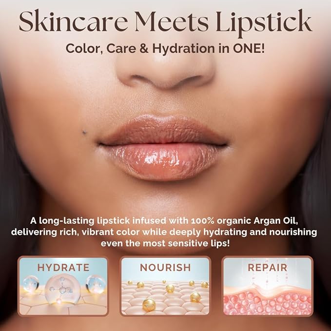 𝗘𝘀𝘀𝗲𝗻𝗰𝗲 𝗼𝗳 𝗔𝗿𝗴𝗮𝗻 Moisturizing Deep Red Lipstick, Tinted Lip Balm with Pure Organic Argan Oil, Shea Butter Lip care, Lip Moisturizer, Long Lasting Lipstick Cabernet