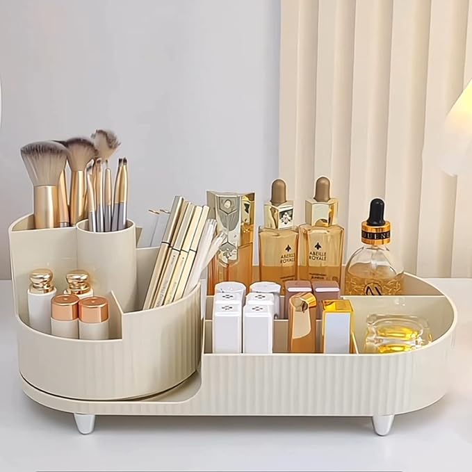 Rotating makeup organizer,Large Capacity Cosmetic Display Case, easy to hold all of your makeup products, at least 20 makeup brushes/eyeliner,10 lipsticks,8 skincare products(Ivory)