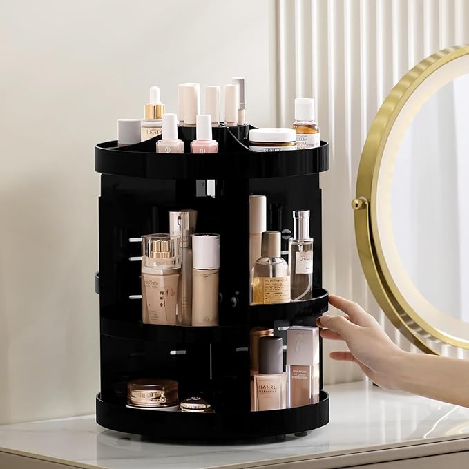 HBlife 360 Rotating Makeup Organizer Plus Size Adjustable Carousel Large Capacity Revolving Perfume Organizer Skincare Organizers Cosmetic Storage Spinning Holder for Vanity, Black