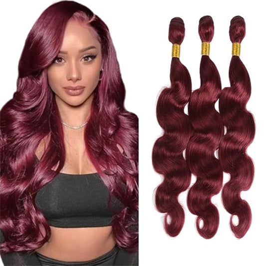 Color 99j Human Hair Body Wave Bundles Wine Red Human Hair Burgundy Body Wave Bundles Brazilian Weave Soft Silky for Black Woman 8 10 12 Inch