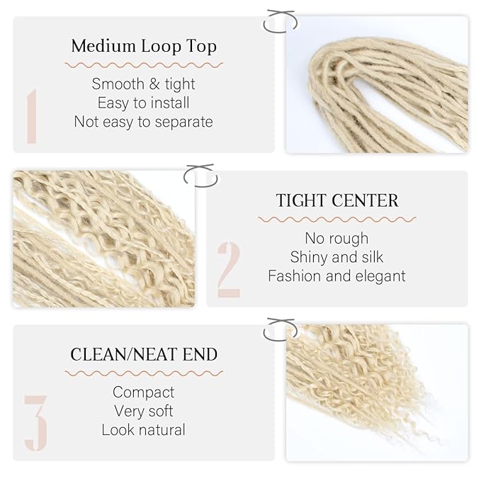 24 Inch Double Ended Dreadlock Extensions Sets, 20 Strands 3 In 1 Mixed Synthetic Dreads Extensions, 613 Blonde Straight&Curly&Boho Handmade Dreads Hippie Style Dreadlocks for Woman