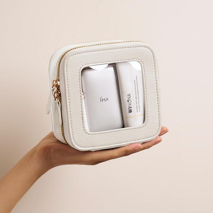 Clear Cosmetic Bag Set for Women Makeup Bag with Handle, TSA Travel Toiletry Bag Transparent Cosmetic Case Portable Make Up Organizer Bag for Essentials (White, Mini+S)